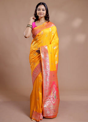 Yellow Dupion Silk Saree With Blouse Piece