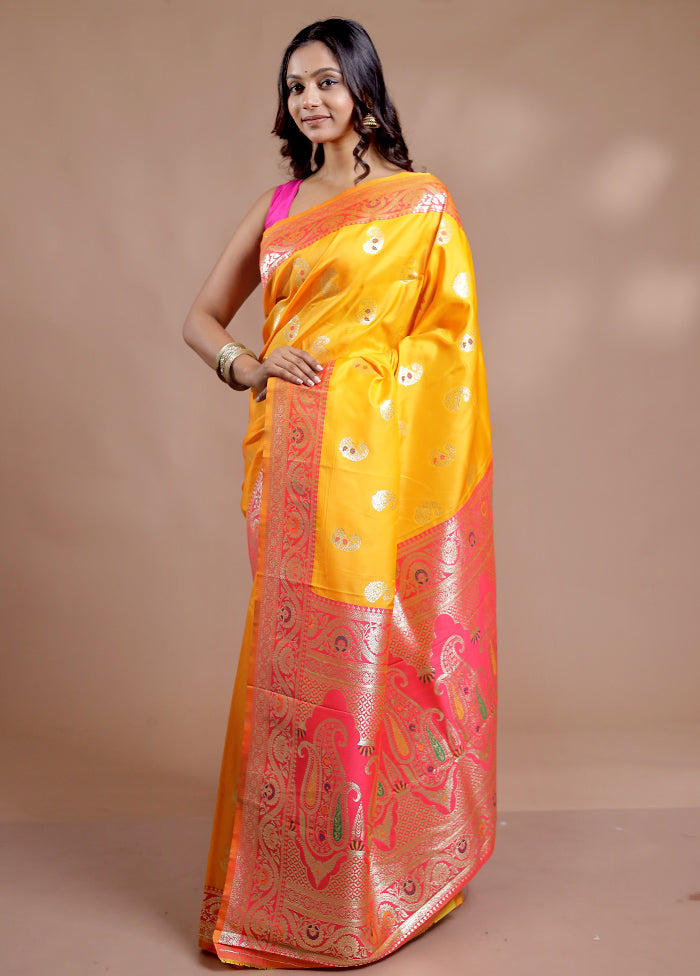 Yellow Dupion Silk Saree With Blouse Piece