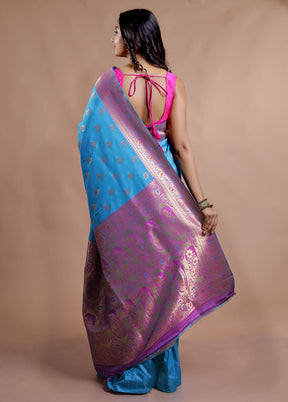 Blue Dupion Silk Saree With Blouse Piece - Indian Silk House Agencies