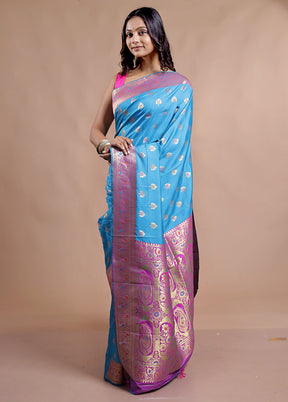 Blue Dupion Silk Saree With Blouse Piece - Indian Silk House Agencies