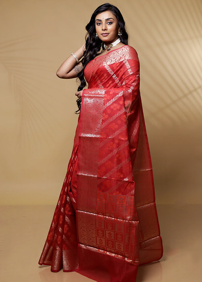 Red Cotton Saree Without Blouse Piece - Indian Silk House Agencies