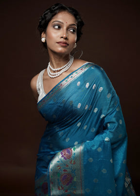 Blue Dupion Silk Saree With Blouse Piece