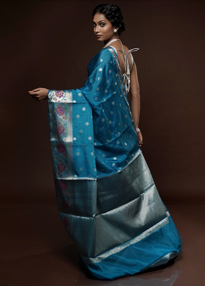 Blue Dupion Silk Saree With Blouse Piece - Indian Silk House Agencies