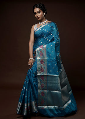 Blue Dupion Silk Saree With Blouse Piece