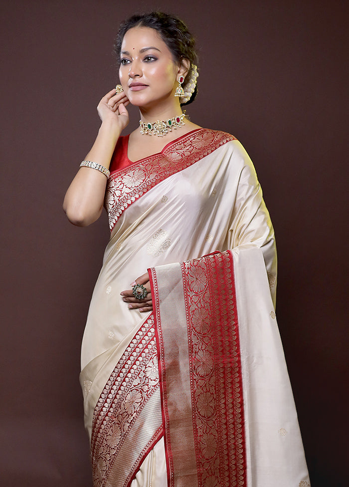 Cream Handloom Katan Pure Silk Saree With Blouse Piece