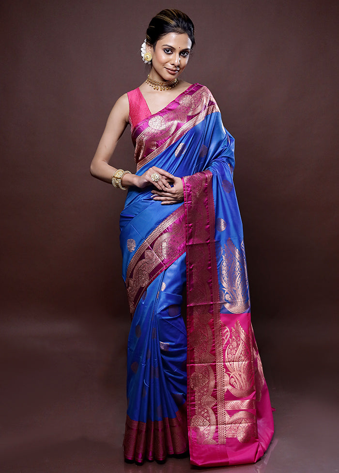 Blue Katan Silk Saree Without Blouse Piece - Indian Silk House Agencies