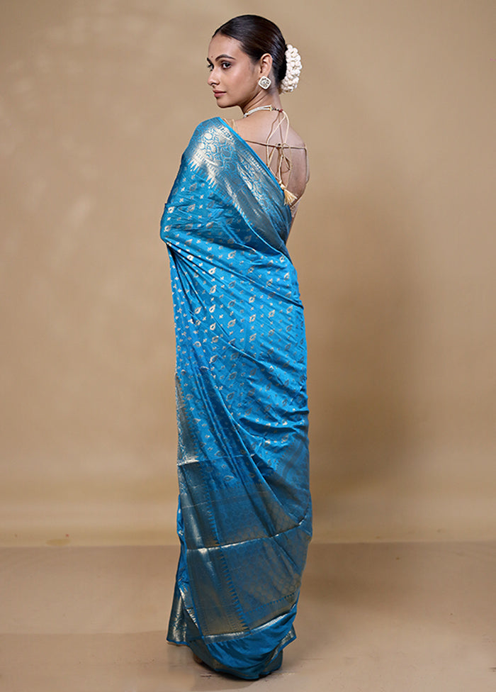 Blue Dupion Silk Saree With Blouse Piece