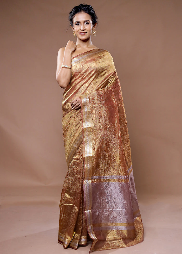Brown Crushed Tissue Silk Saree With Blouse Piece