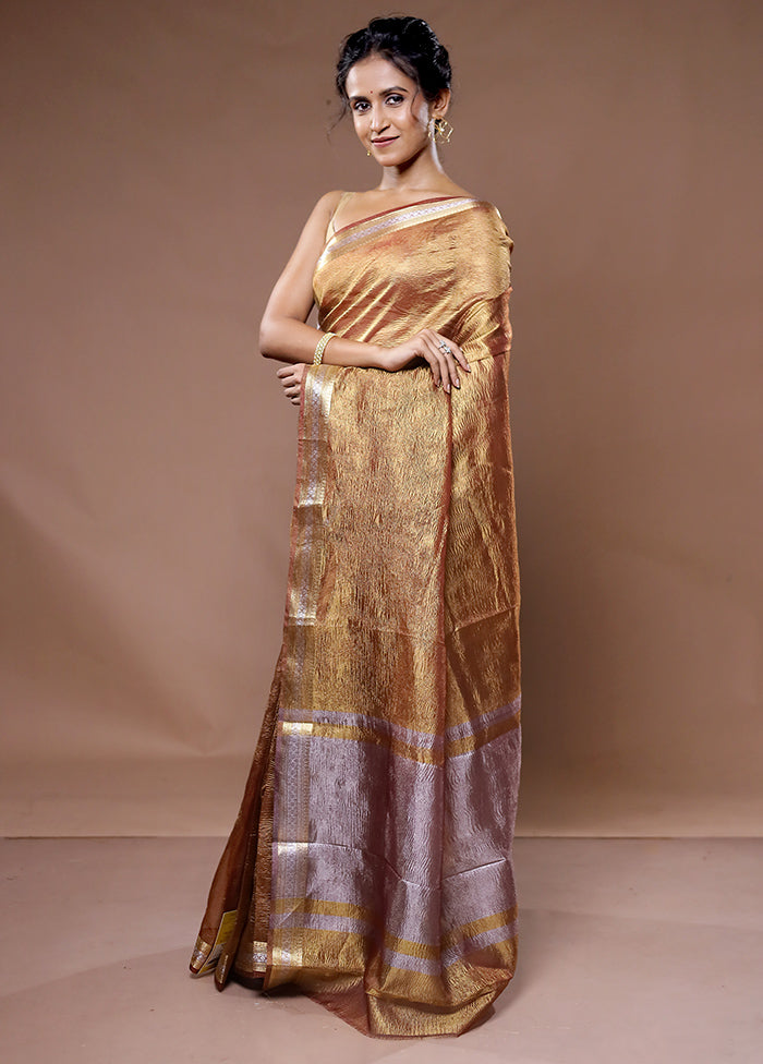 Brown Crushed Tissue Silk Saree With Blouse Piece