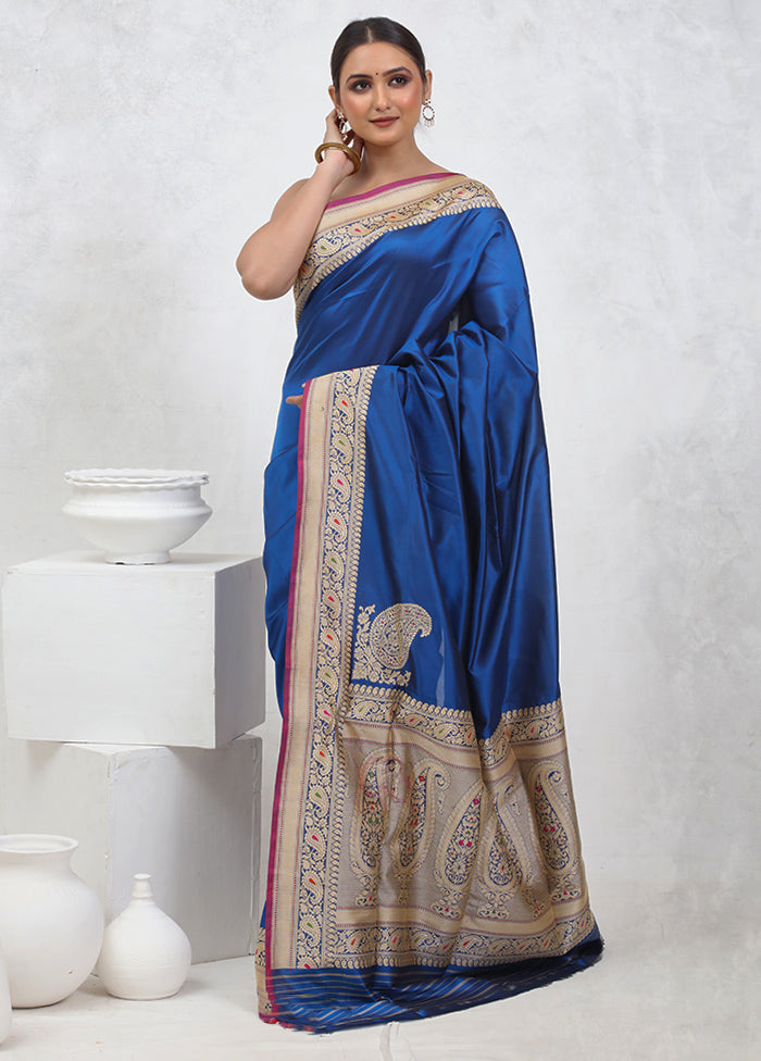 Blue Banarasi Pure Silk Saree With Blouse Piece