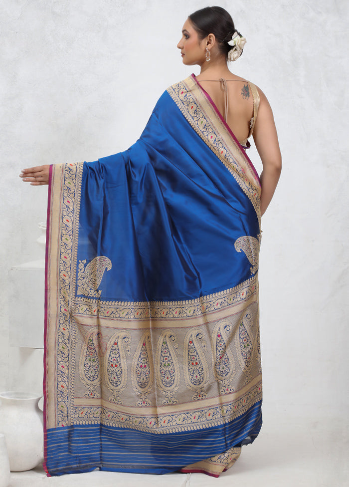 Blue Banarasi Pure Silk Saree With Blouse Piece