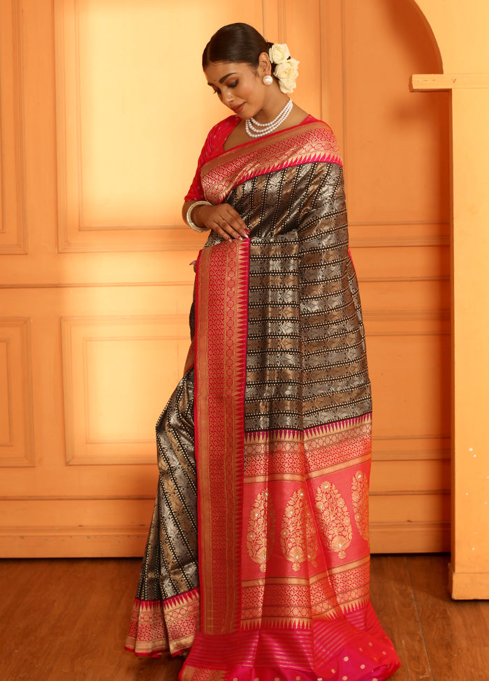 Black Uppada Pure Silk Saree With Blouse Piece - Indian Silk House Agencies