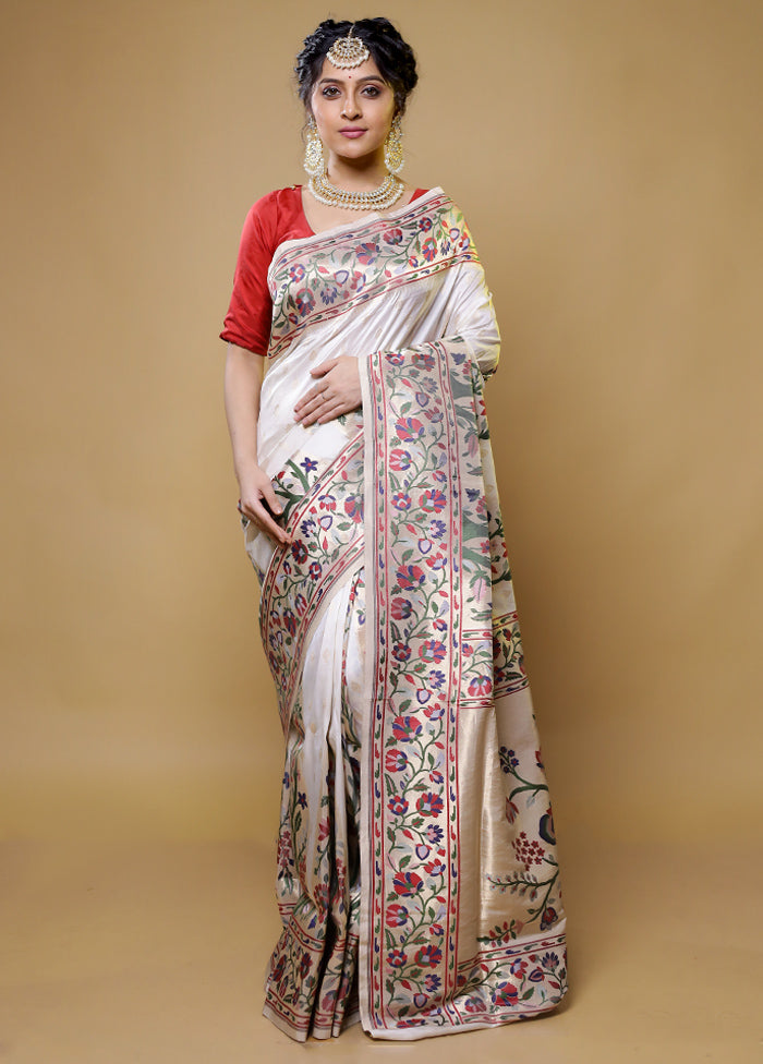 Cream Handloom Uppada Pure Silk Saree With Blouse Piece - Indian Silk House Agencies