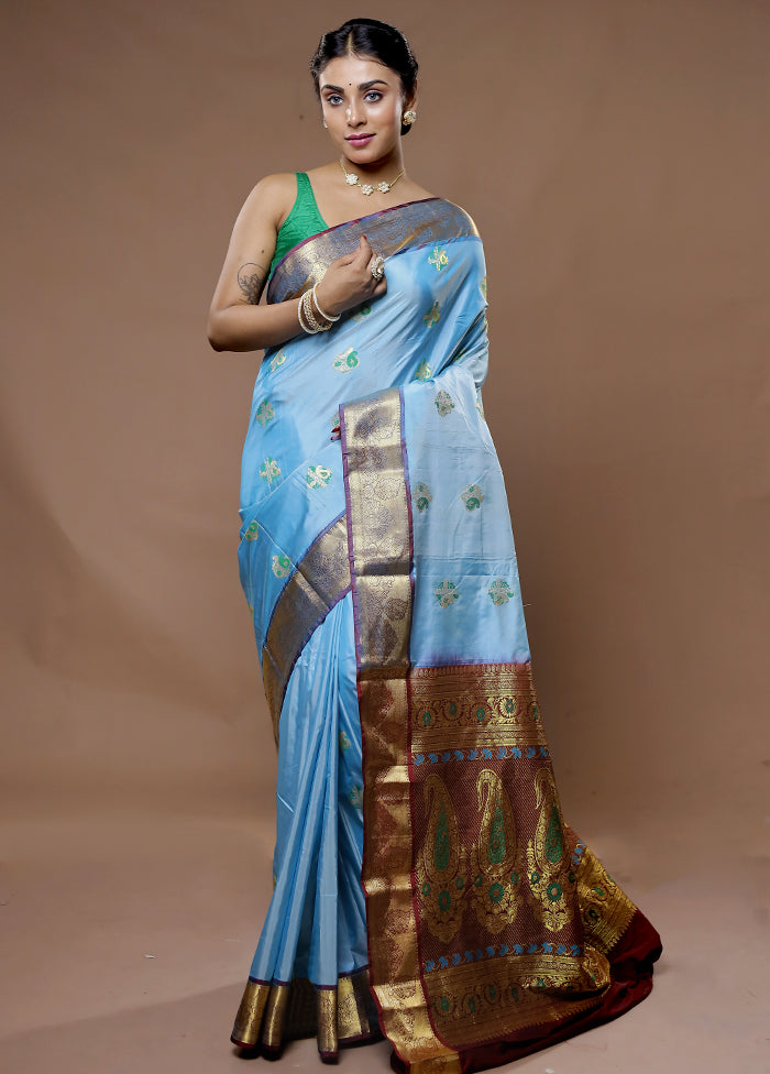 Blue Kanjivaram Silk Saree With Blouse Piece - Indian Silk House Agencies