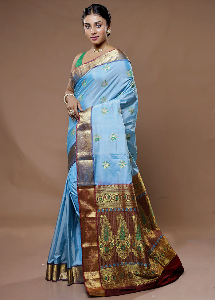 Blue Kanjivaram Silk Saree With Blouse Piece - Indian Silk House Agencies