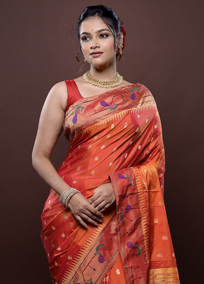 Orange Kanjivaram Pure Silk Saree Without Blouse Piece