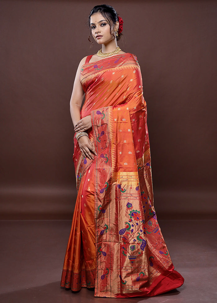 Orange Kanjivaram Pure Silk Saree Without Blouse Piece - Indian Silk House Agencies