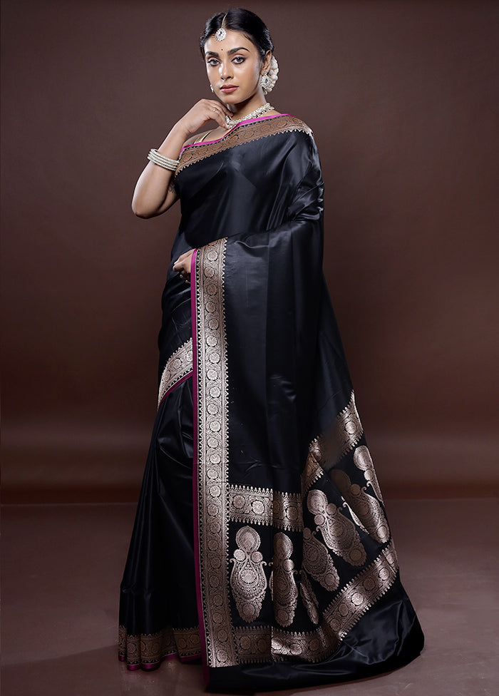 Black Banarasi Silk Saree Without Blouse Piece - Indian Silk House Agencies