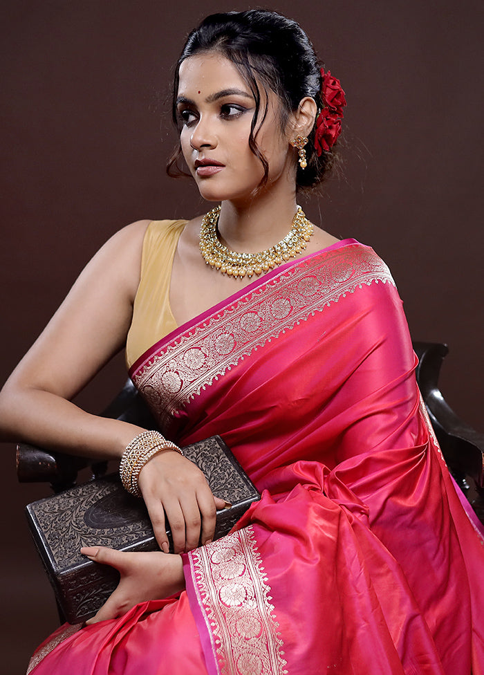 Pink Banarasi Silk Saree Without Blouse Piece