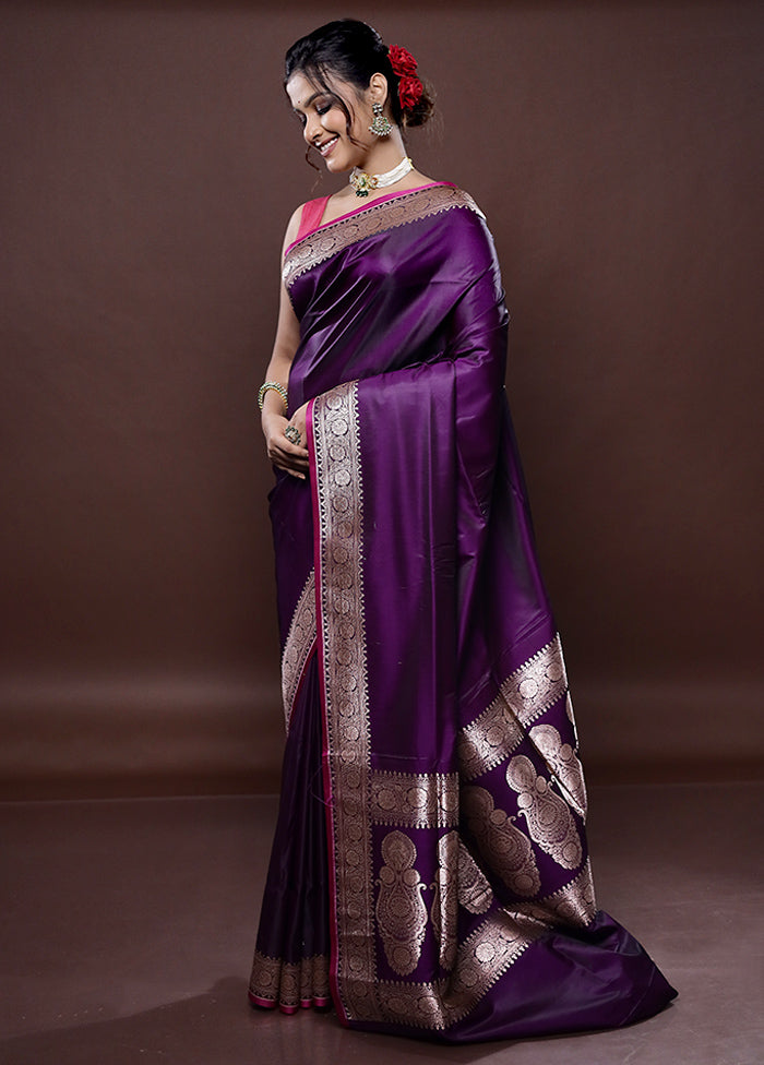 Purple Banarasi Silk Saree Without Blouse Piece - Indian Silk House Agencies