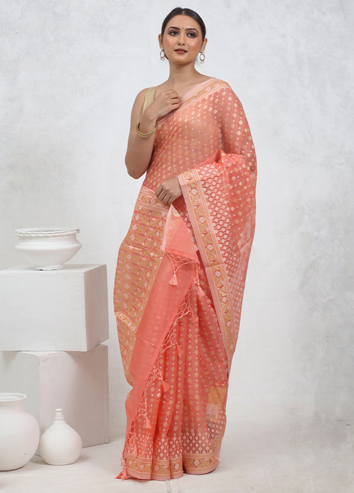 Peach Kora Silk Saree With Blouse Piece