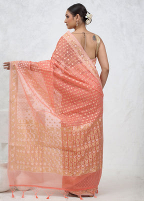 Peach Kora Silk Saree With Blouse Piece