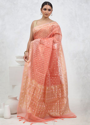 Peach Kora Silk Saree With Blouse Piece