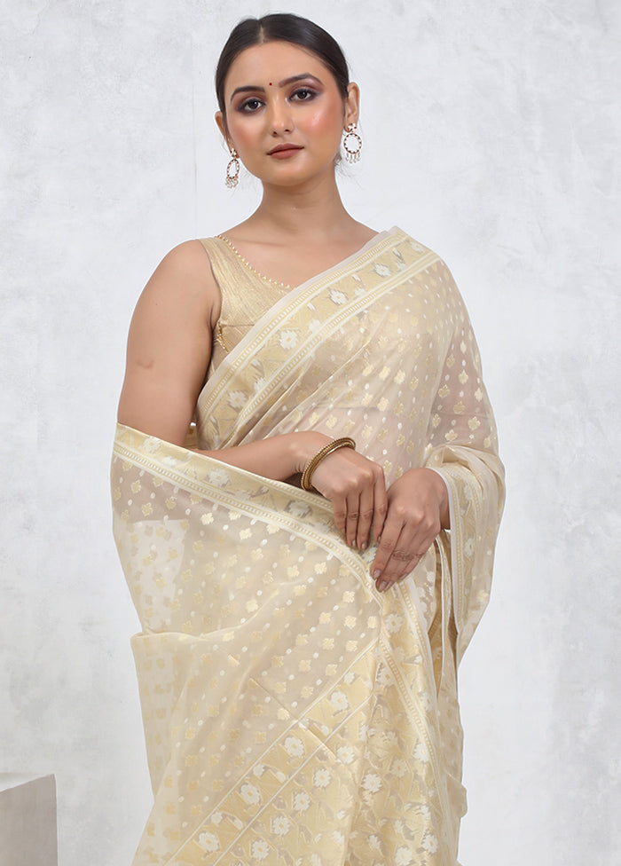 Cream Kora Silk Saree With Blouse Piece