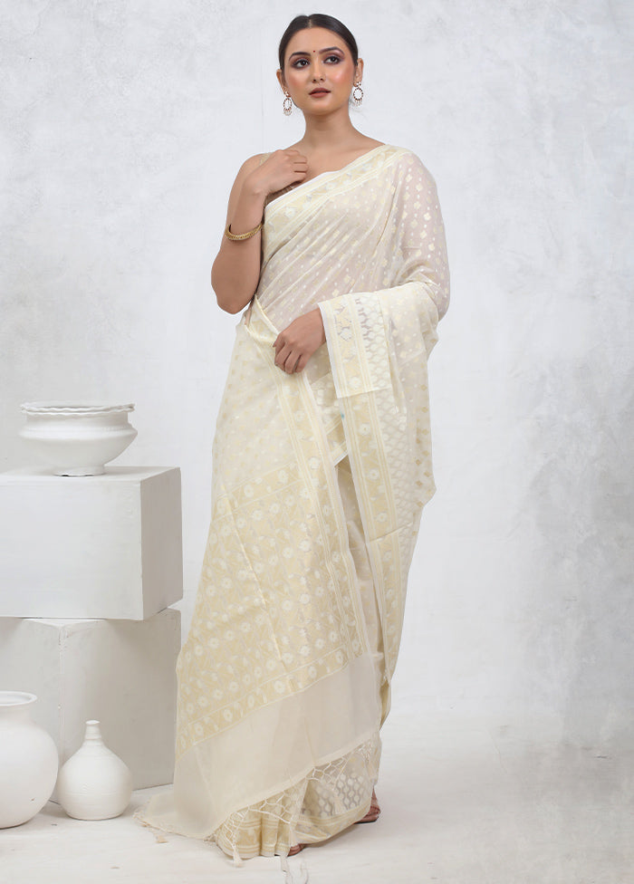 Cream Kora Silk Saree With Blouse Piece - Indian Silk House Agencies