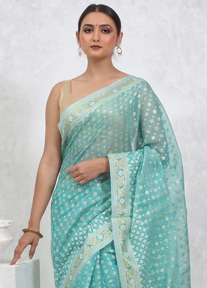 Blue Kora Silk Saree With Blouse Piece