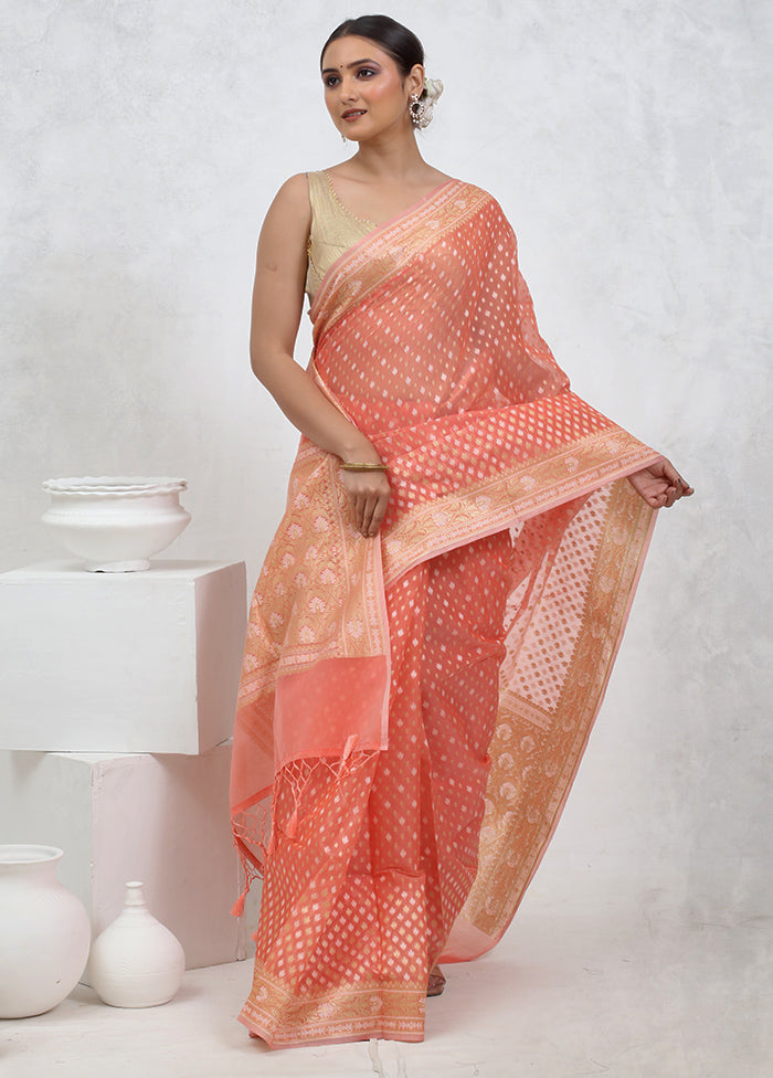 Peach Kora Silk Saree With Blouse Piece