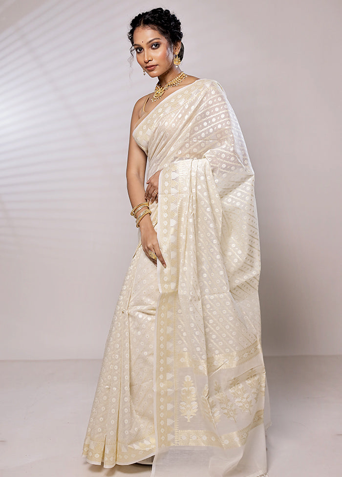 Cream Kora Silk Saree With Blouse Piece