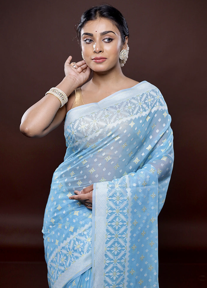 Blue Kora Silk Saree Without Blouse Piece - Indian Silk House Agencies