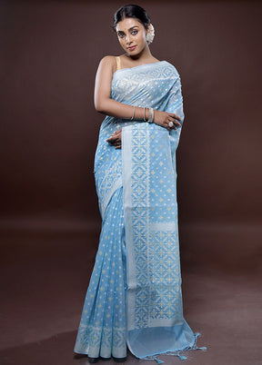 Blue Kora Silk Saree Without Blouse Piece - Indian Silk House Agencies