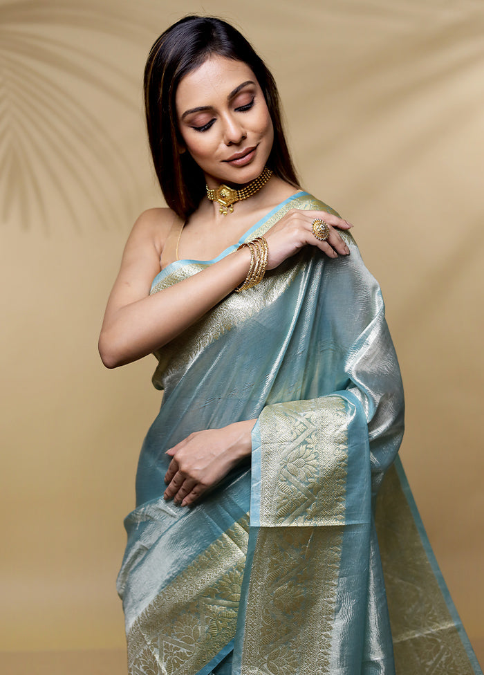 Green Crushed Tissue Silk Saree Without Blouse Piece