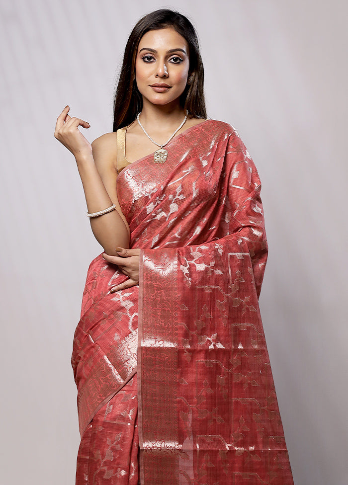 Peach Kora Silk Saree With Blouse Piece