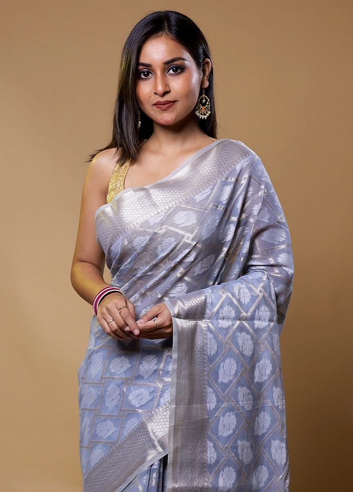 Grey Kora Silk Saree With Blouse Piece