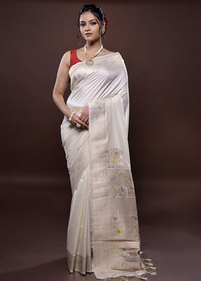 Cream Dupion Silk Saree Without Blouse Piece - Indian Silk House Agencies