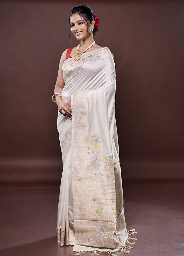 Cream Dupion Silk Saree Without Blouse Piece - Indian Silk House Agencies