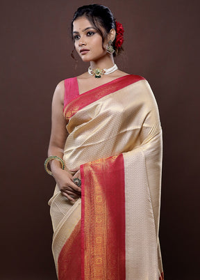 Cream Dupion Silk Saree Without Blouse Piece - Indian Silk House Agencies