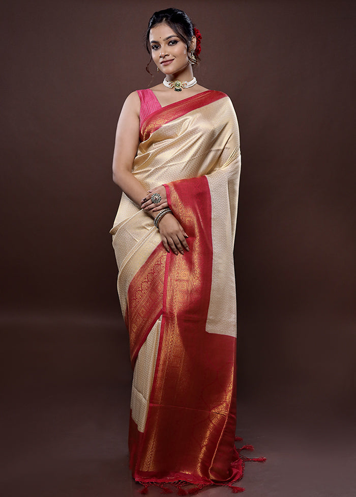 Cream Dupion Silk Saree Without Blouse Piece - Indian Silk House Agencies