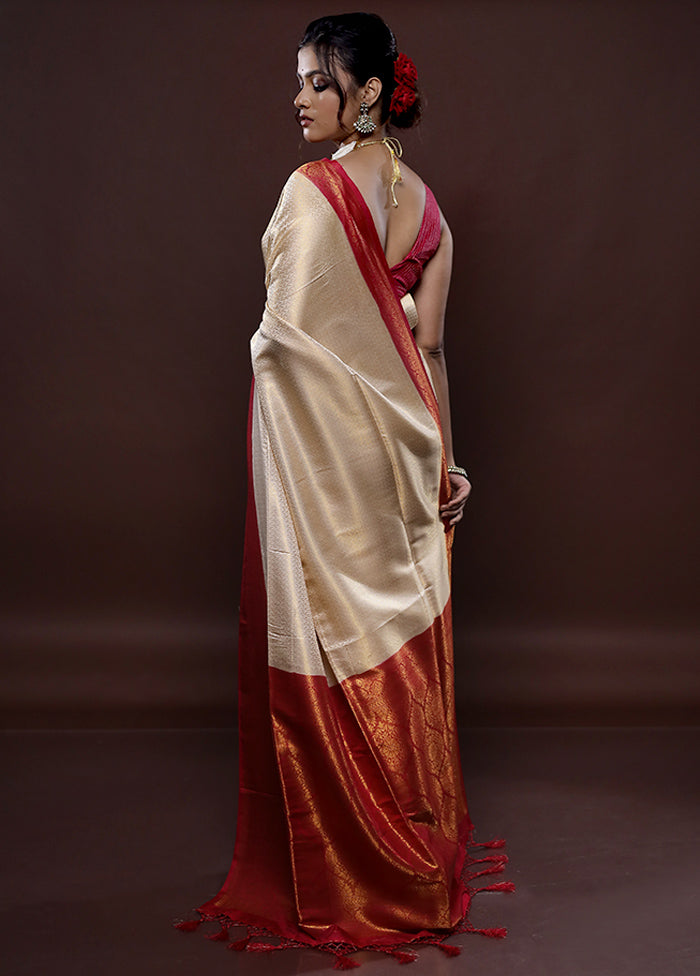 Cream Dupion Silk Saree Without Blouse Piece - Indian Silk House Agencies