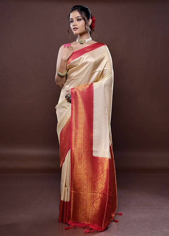 Cream Dupion Silk Saree Without Blouse Piece - Indian Silk House Agencies