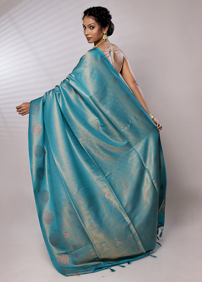 Blue Dupion Silk Saree Without Blouse Piece