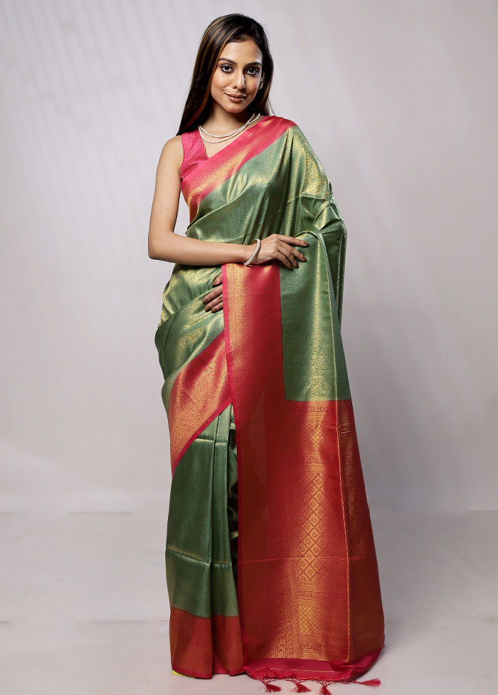 Green Dupion Silk Saree With Blouse Piece