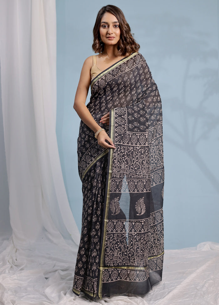 Black Chanderi Cotton Saree With Blouse Piece - Indian Silk House Agencies