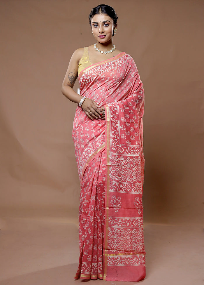 Pink Chanderi Cotton Saree With Blouse Piece