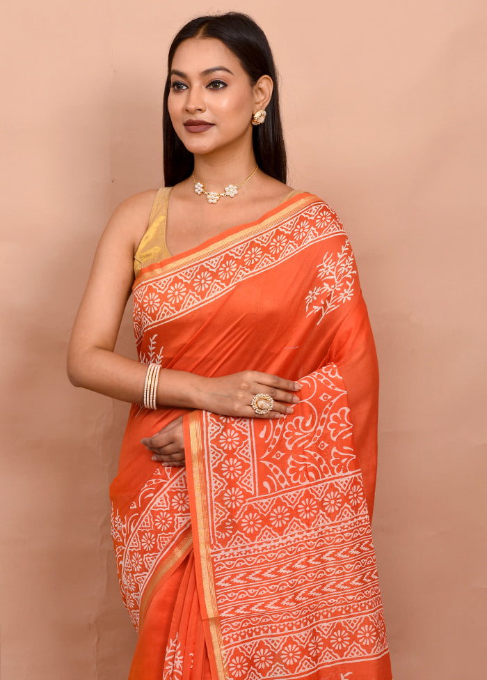 Orange Chanderi Cotton Saree With Blouse Piece