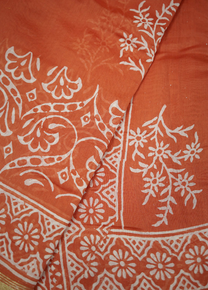 Orange Chanderi Cotton Saree With Blouse Piece