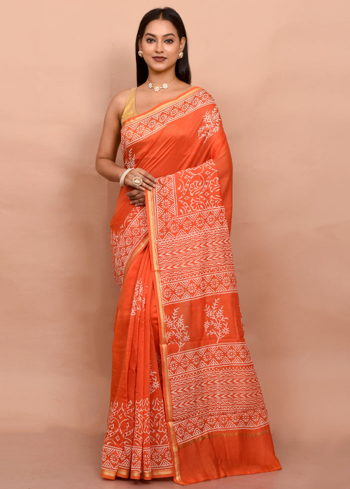 Orange Chanderi Cotton Saree With Blouse Piece